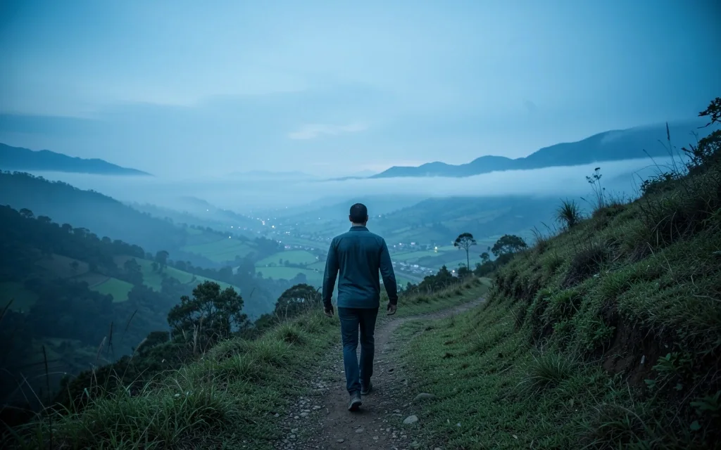 Hombre caminando en un sendero al amanecer