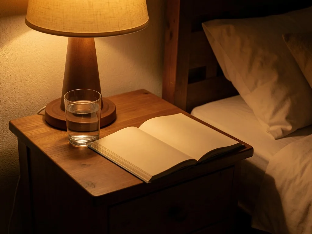 Mesita de noche con lámpara cálida y libro
