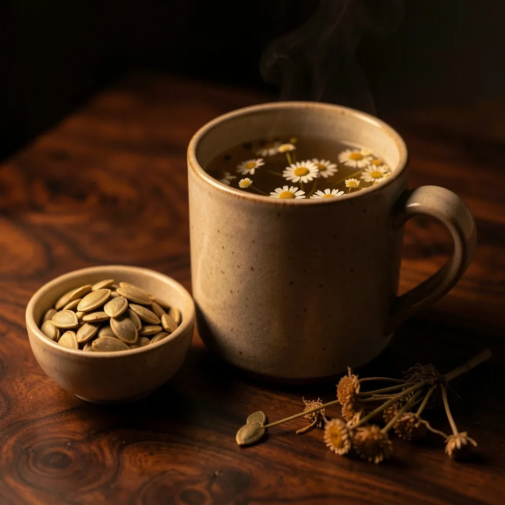 Taza de infusión de hierbas sobre superficie oscura