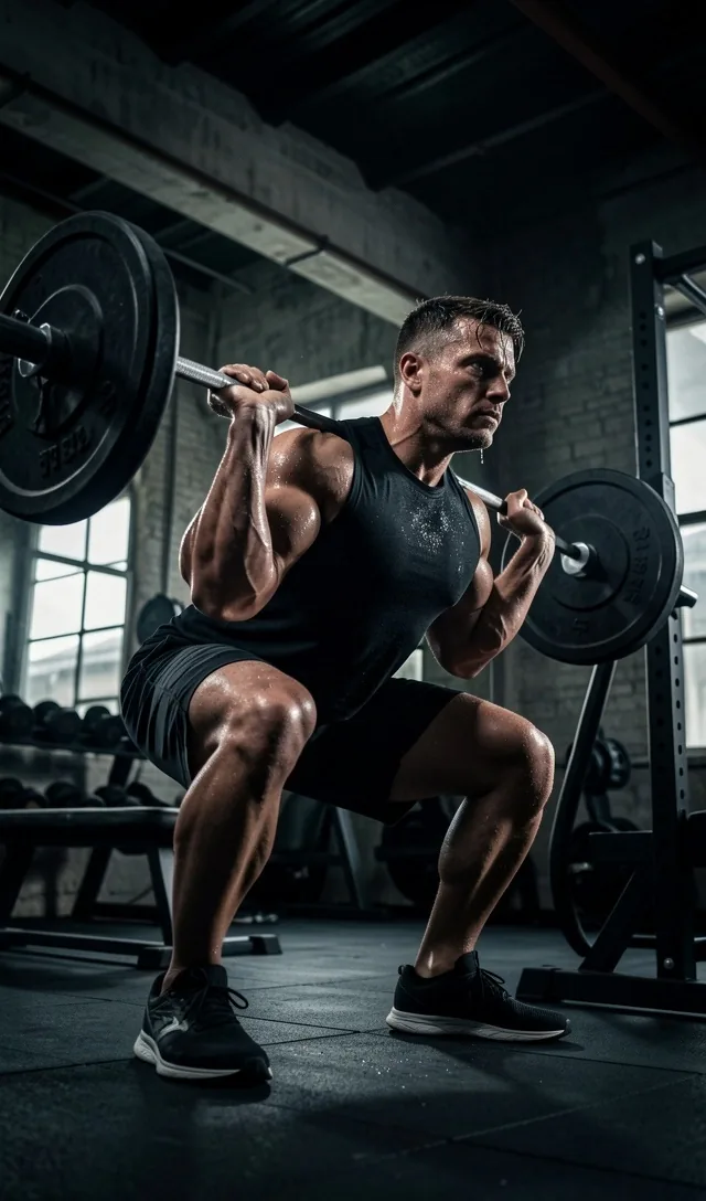 Hombre realizando sentadilla con barra en gimnasio oscuro
