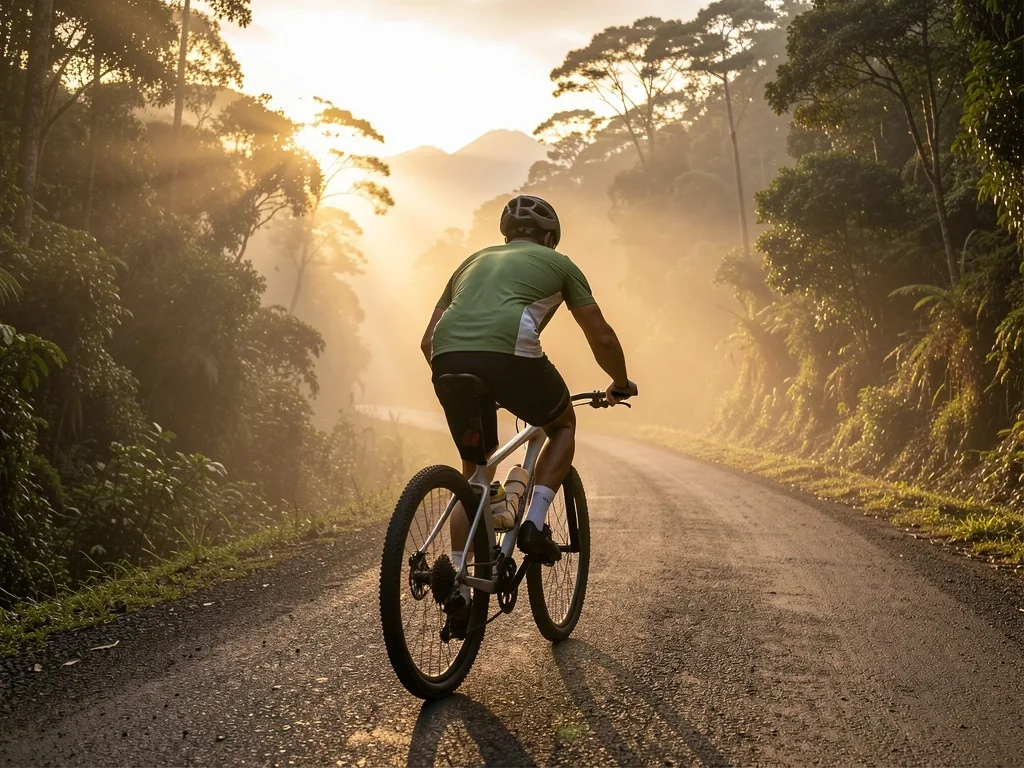 Hombre ciclismo al amanecer en montañas de Medellín