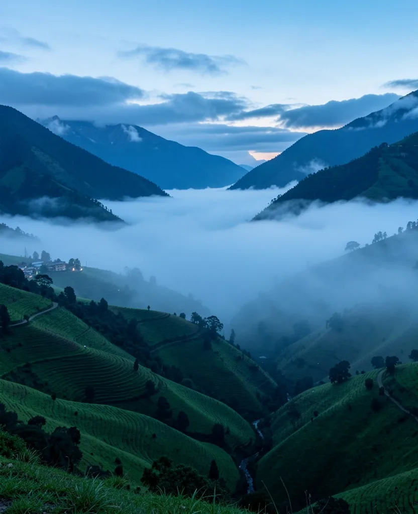 Paisaje montañoso al amanecer cerca de Medellín