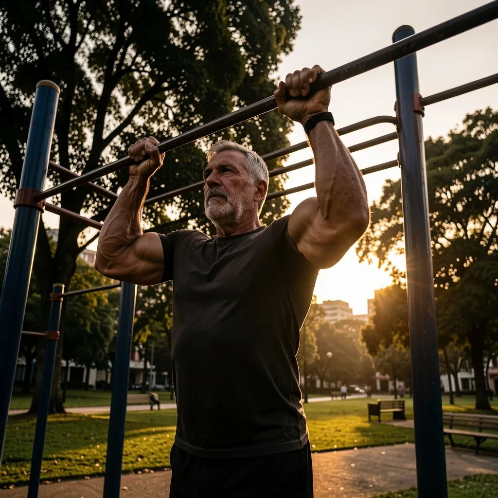 Hombre maduro ejercitándose en un parque al amanecer