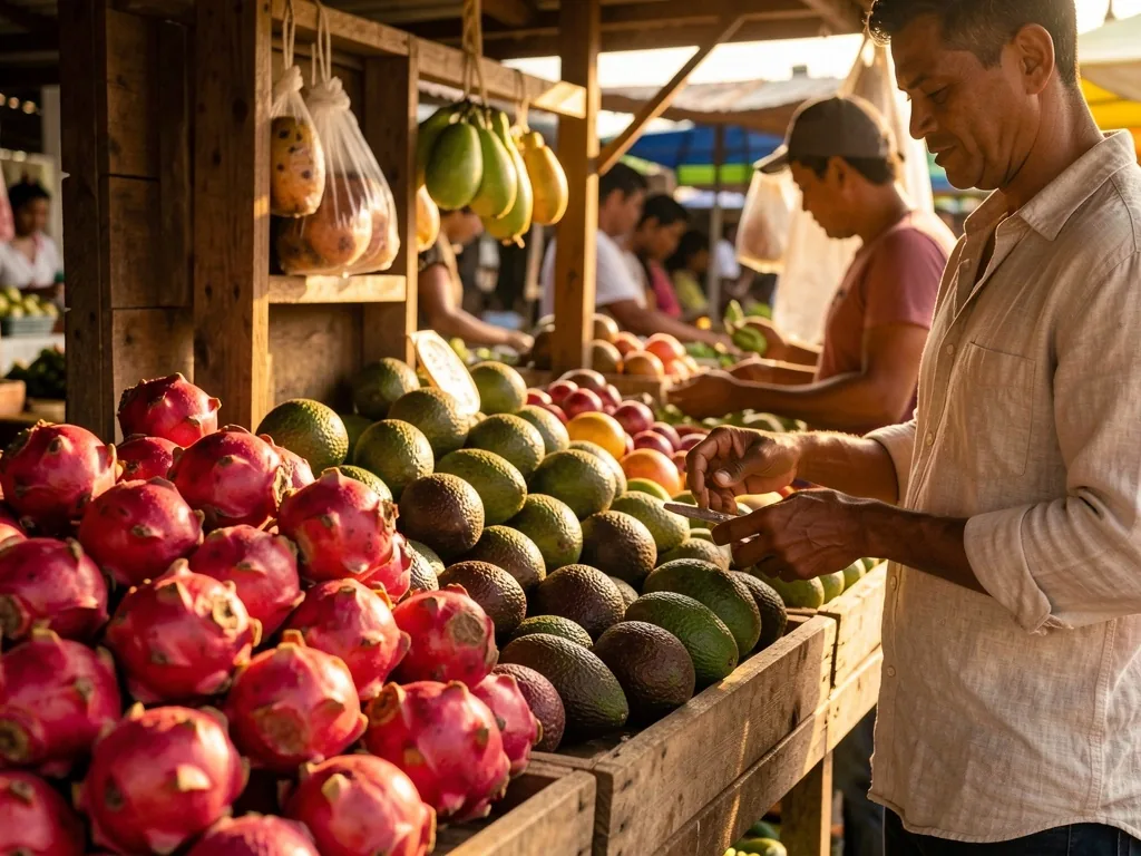 Mercado colombiano con frutas y alimentos locales