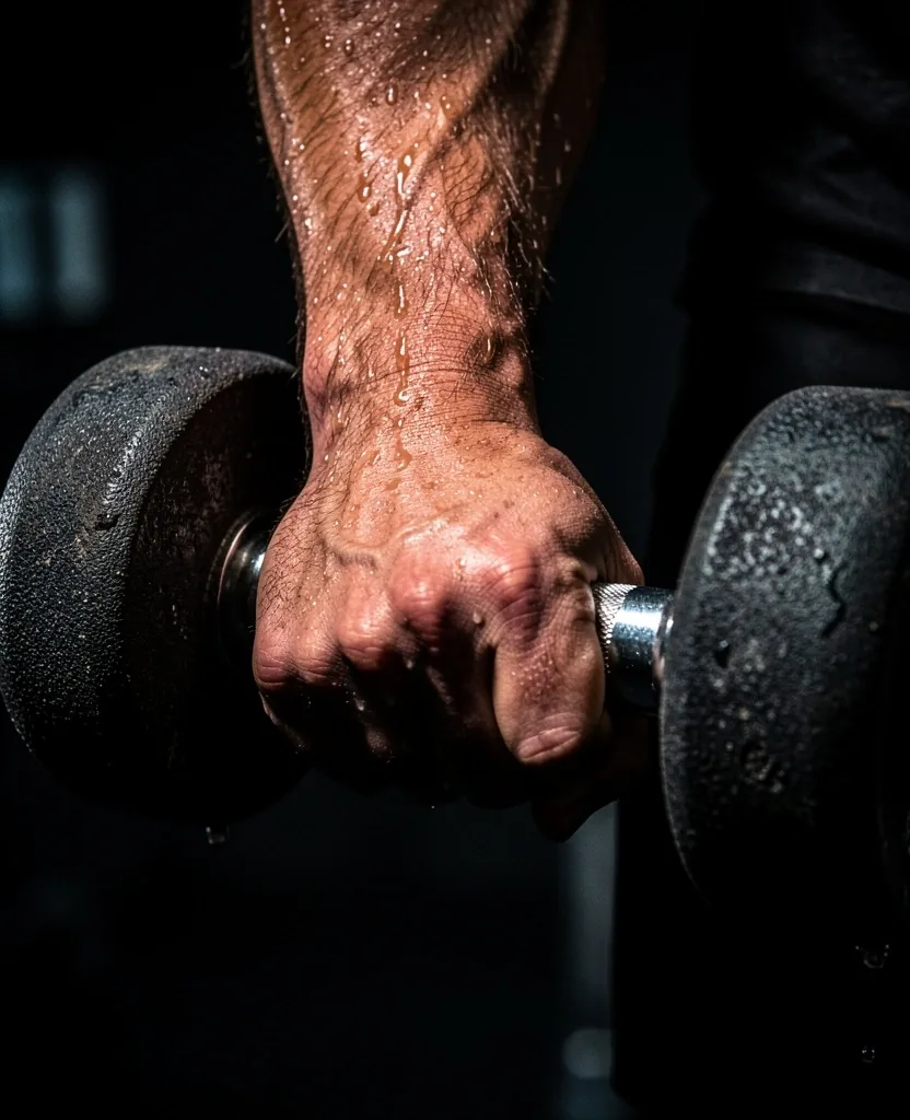 Hombre sosteniendo una mancuerna en un entorno de entrenamiento